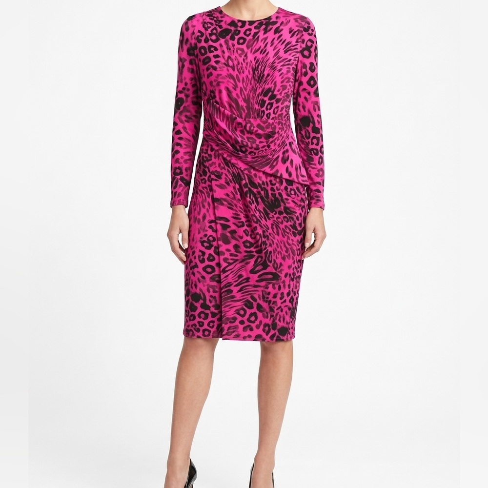 Rachel Roy Hot Pink and Black Animal Print Long-Sleeve Midi Dress